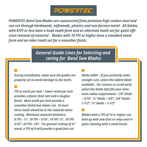 Powertec band saw blade care guide details, emphasizing proper setup and tooth count for optimal performance.