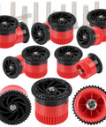 Heavy Duty 10 Pack Variable Arc Sprinkler Head Replacement For Pop Up Irrigation Nozzles Adjustable 0 To 360 Spray Pattern No Sweat Backyard Garden Lawn Yard Watering Kit With Built In Filter Screen shown in vibrant red and black colors.
