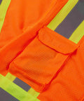 Heavy Duty Neon Orange Mesh Safety Vest With Seven Pockets And 3M Reflective Tape For Top Shelf Day And Night Visibility Ansi Isa Class 3 Rated And Built For The Daily Grind close-up of breathable mesh and pocket detail.