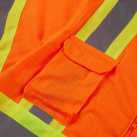 Heavy Duty Neon Orange Mesh Safety Vest With Seven Pockets And 3M Reflective Tape For Top Shelf Day And Night Visibility Ansi Isa Class 3 Rated And Built For The Daily Grind close-up of breathable mesh and pocket detail.