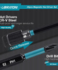 Close-up of Magnetic Nut Driver Set 35 Piece For Impact Drill With Metric And SAE Nut Drivers Deep And Regular Wing Nut Driver 12mm Quick Release Bit Holder And 6 Inch Bit Extender In Handy Toolbox showing CR-V steel nut driver and drill bit.