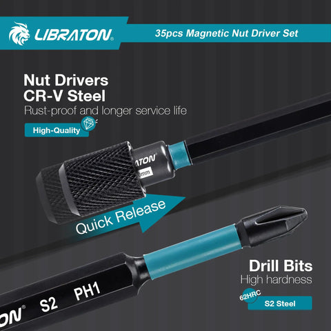 Close-up of Magnetic Nut Driver Set 35 Piece For Impact Drill With Metric And SAE Nut Drivers Deep And Regular Wing Nut Driver 12mm Quick Release Bit Holder And 6 Inch Bit Extender In Handy Toolbox showing CR-V steel nut driver and drill bit.
