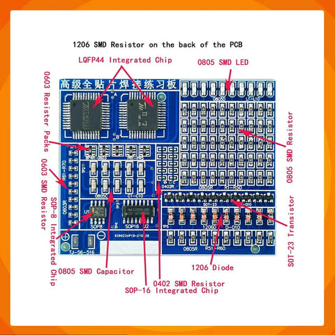 Close-up view of 4 In 1 SMD SMT Soldering Practice Kit electronic training board with labeled components for beginners and hobbyists.