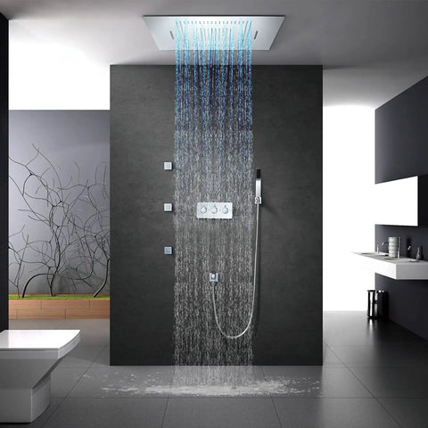Smooth As Butter Ceiling Mount Rainfall Shower System Featuring Thermostatic Temperature Control, Gentle Mist And Powerful Waterfall Spray, Integrated Body Jets, Hassle Free Bathroom Refresh For A Chillin Home Spa Routine with sleek design and cascading water.