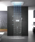 Top Tier Thermostatic Shower System With Ceiling Rainfall Head, Hidden Mist And Waterfall Flow, Dual Hand Spray And Wall Body Jets, Heavy Duty Bathroom Fixture For A Sick Daily Home Upgrade featuring a sleek overhead rainfall panel.