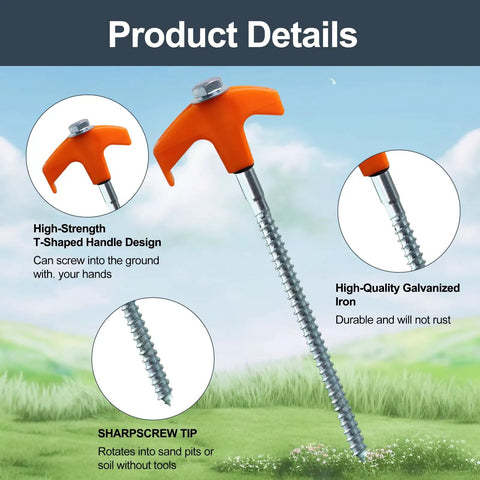 Heavy Duty Screw In Tent Stakes Eight Inch Ground Anchors Metal Stakes For Camping Includes Hex Head Driver And Sturdy Storage Bag 20 Pack Bright Orange Finish with T-handle design and sharp screw tip in outdoor setting.