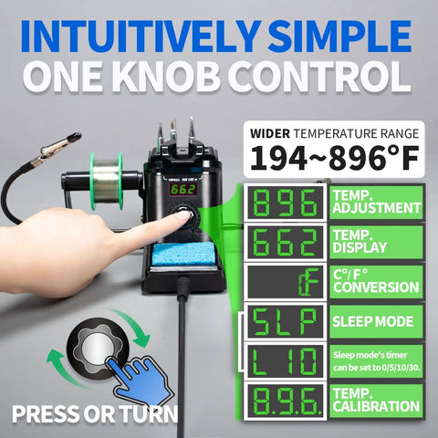 Pro Grade 60W Digital Soldering Station Kit With Two Handy Helping Hands Six Extra Tips display with knob and temperature range.