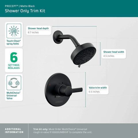 Matte Black 6-Function Shower Head Trim Kit With Pause Setting, Full Body, Massage, Focus, And Mixed Spray Modes, side view