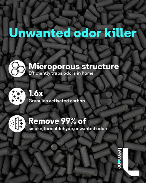 Close-up of activated carbon granules, highlighting microporous structure for Vital 100 Replacement Filter 2 Pack For Levoit Vital 100 And VAVA VA-EE004 Air Purifiers.