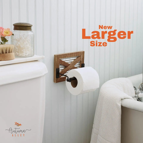 Rustic Farmhouse Toilet Paper Holder Wall Mount In Warm Brown Wood With Galvanized Metal And Black Finish For Western Style Bathroom Decor And Down Home Country Vibe on bathroom wall.