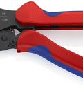 Pro-Grade Three-Position Contact Crimping Pliers with Self-Releasing Mechanism, black and red handles, angled view
