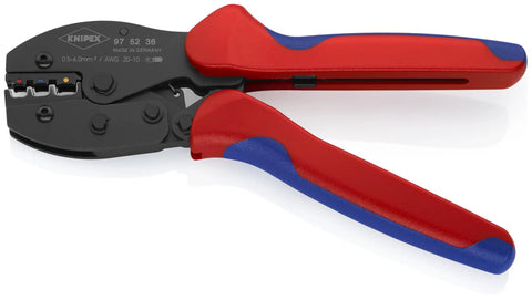 Pro-Grade Three-Position Contact Crimping Pliers with Self-Releasing Mechanism, black and red handles, angled view