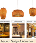 Bamboo Wicker Rattan Three Head Ceiling Light Fixture With E26 And E27 Base Retro Rustic for restaurants and cafes