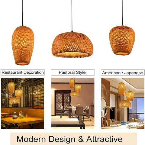 Bamboo Wicker Rattan Three Head Ceiling Light Fixture With E26 And E27 Base Retro Rustic for restaurants and cafes