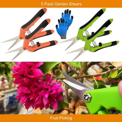 5 Pack Pruning Shears With Gloves Garden Clippers Handheld Straight Stainless Steel Snips For Gardening and trimming flowers