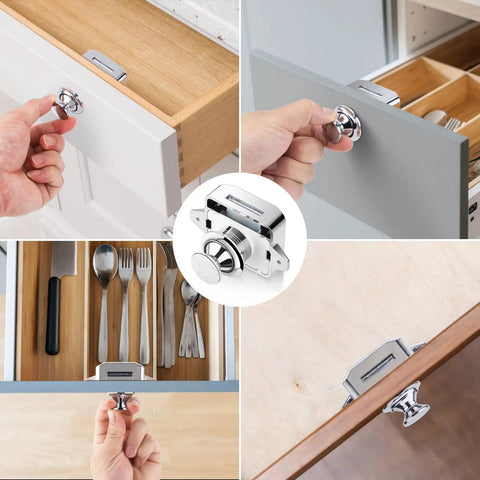 Five Pack Push Button Cabinet Latch Locks for RVs and Home, Keyless Cupboard Catch in use on kitchen drawers