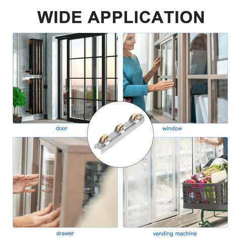 Heavy Duty Sliding Door Pulley Wheel Replacement For Home Shower And Patio Glass Doors Quiet Glide Roller Upgrade Smooth Operation Hardware No Fuss Fix Kit in multiple applications including door and window.