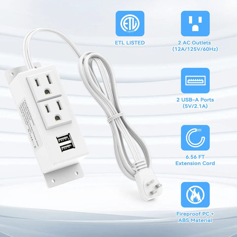 Power Strip With USB Ports, Wall Mountable Surge Protector, 2 AC Outlets And 2 USB Charging Ports, Flat Plug, 6.56 Ft Cord, White