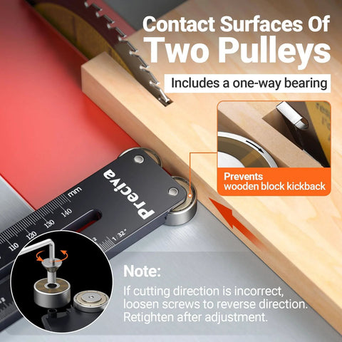 Thin Rip Jig and Push Stick for Table Saws, Aluminum Alloy Guide with dual pulleys for accurate narrow strip cuts.