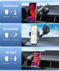 Auto Clamp Wireless Car Charger Mount, 15W Fast Charging, shown on dashboard, windshield, and air vent in a car.