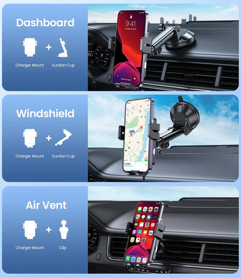 Auto Clamp Wireless Car Charger Mount, 15W Fast Charging, shown on dashboard, windshield, and air vent in a car.