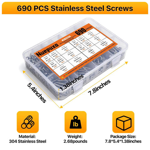 Badass Durable 690 Piece Wood Screw Assortment Kit With 304 Stainless Steel Pan 7.8x5.4x1.38 inches for DIY projects.
