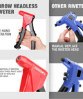 Arrow Headless Pop Rivet Gun One Handed Automatic Size Adjustment for 1 8 5 32 3 16 Inch Rivets, ergonomic design shown.