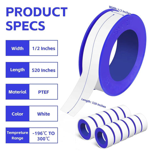 Product image showing 12 Rolls PTFE Teflon Tape For Plumbers 1/2 Inch By 520 Inches White Thread Sealant specifications including size and material.