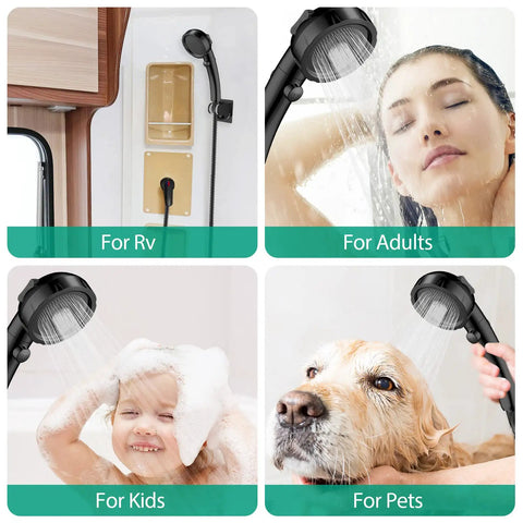 High Pressure RV Shower Head With Handheld And On Off Stop Button Water Saving 3 Modes Detachable Hose with Mount in use