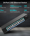 Unmanaged 24 Port 2.5G Ethernet Switch with 160Gbps switching capacity, front view showing 24 ports and performance specs.