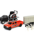 1/64 Scale Farm Toy Set With Rollback Truck, Livestock Trailer, Pickup, Cow And Skid Loader Five Piece Farm Equipment Playset