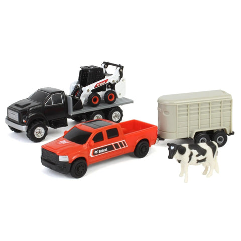 1/64 Scale Farm Toy Set With Rollback Truck, Livestock Trailer, Pickup, Cow And Skid Loader Five Piece Farm Equipment Playset