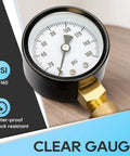 Front view of RV water pressure regulator valve with built-in gauge; brass inlet and 0-160 psi dial