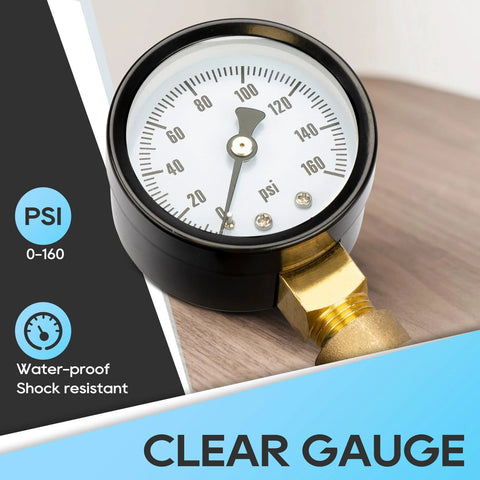 Front view of RV water pressure regulator valve with built-in gauge; brass inlet and 0-160 psi dial