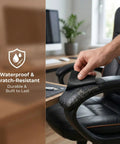 No Sweat Self Adhesive Vinyl Patch For Couches And Furniture, Huge Peel And Stick Leather Repair Kit applied to a worn office chair arm.