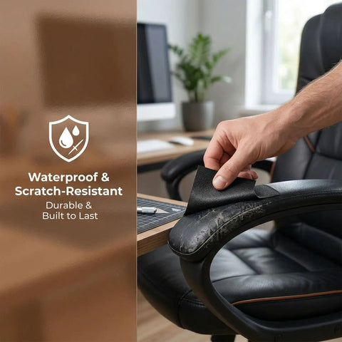 No Sweat Self Adhesive Vinyl Patch For Couches And Furniture, Huge Peel And Stick Leather Repair Kit applied to a worn office chair arm.