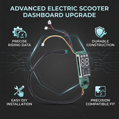 Electric Scooter Dashboard Replacement Display Panel Circuit Board Upgrade For Mi4 Lite Scooter Plug And Play With Durable ABS PVC Construction Sharp Readout Enhanced Performance Safer And More Convenient Ride Easy Install Long Lasting Durability shown with wiring and icons highlighting features.