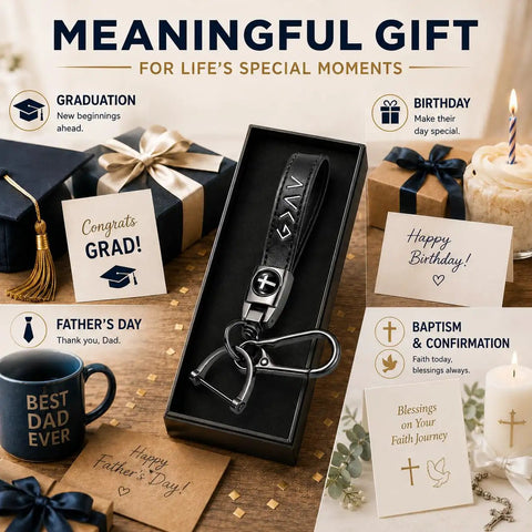 Legit Faith Driven Christian Cross Leather Keychain For Men in gift box, ideal for graduation or baptism occasions.