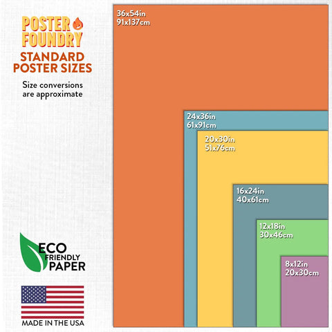 Poster size comparison chart with eco-friendly paper label, featuring USA flag, various dimensions of standard poster sizes.