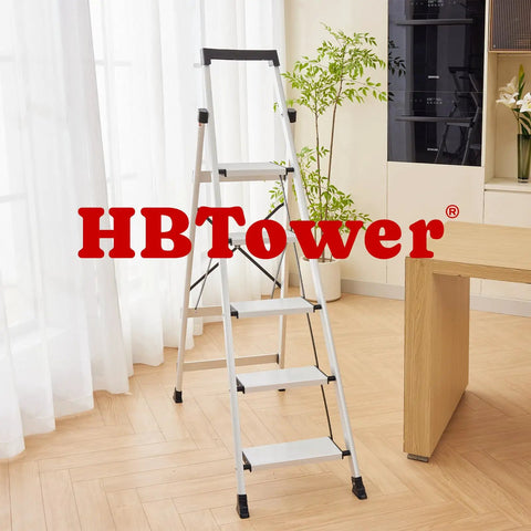Five Step Aluminum Ladder With Tool Tray, Anti Slip Folding Stool For Adults in home setting next to table