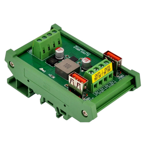 USB DC5V Buck Converter for DIN Rail Mounting Dual 5V Outputs Up To 2.4A Each or Single 4.8A shown from a side angle