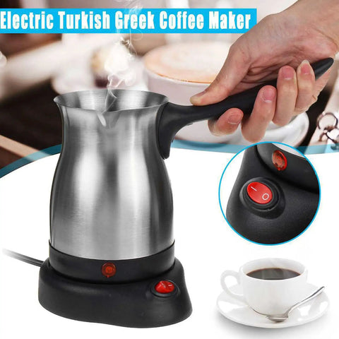 Electric Turkish Coffee Maker 600Ml Stainless Steel Pot with Anti Scald Handle on base with steam, coffee cup in background