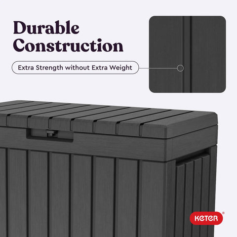 Close-up of Kentwood 50 Gallon Resin Deck Box For Outdoor Storage And Organization Of Patio Cushions Pillows Beach Towels And Garden Tools In Dark Grey Weatherproof Durable Rustproof For The Backyard Crew, focusing on corner detail.