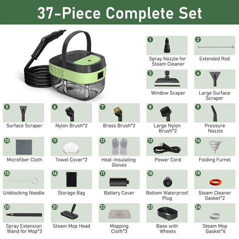 2 In 1 Steam Cleaner And Handheld Mop With 37 Slick Attachments showing complete cleaning tool set for efficient use on floors and surfaces.
