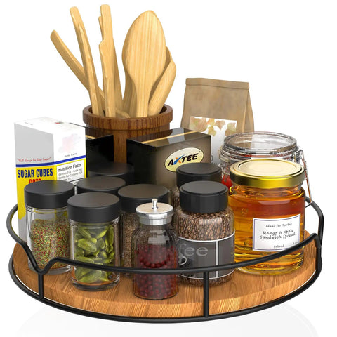 9 Inch Lazy Susan Turntable Organizer in Carbonized Black Pine Wood with condiments and kitchen essentials
