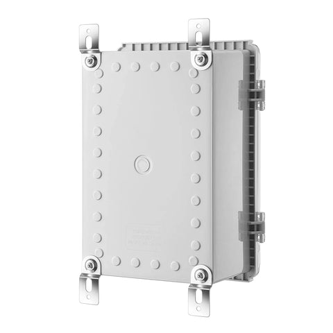 Tough As Nails Weatherproof Electrical Junction Box Enclosure with hinged gray cover, IP67 waterproof, mounting brackets visible.