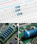 2600-Piece One Quarter Watt Metal Film Resistor Kit With 130 Values From One Ohm To Three Megaohm, resistors on breadboard and circuit board