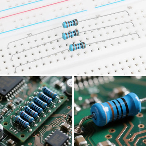 2600-Piece One Quarter Watt Metal Film Resistor Kit With 130 Values From One Ohm To Three Megaohm, resistors on breadboard and circuit board