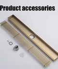 Rectangular Shower Drain with Hair Strainer and Stainless Steel Grate for Bathroom Floor accessories including grate and trap.