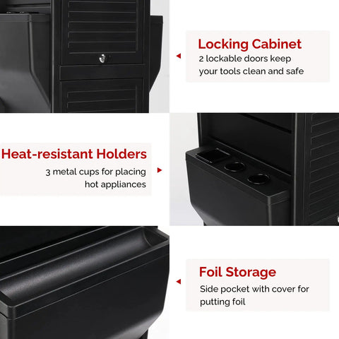 Sturdy Salon Trolley With Lock And Six Drawers, Hot Tools Holder, Wheels, Hair Cart Organizer For Barbers And Cosmetologists showcasing lockable cabinet, heat-resistant holders, and foil storage compartments.